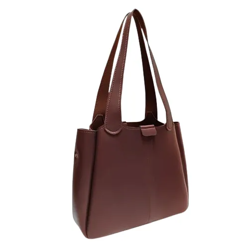 A collection of tote bags labeled "Cherry Tote Bags - Magnetic Lock Closure | Affordablelite." The bags come in two colors, black and brown.